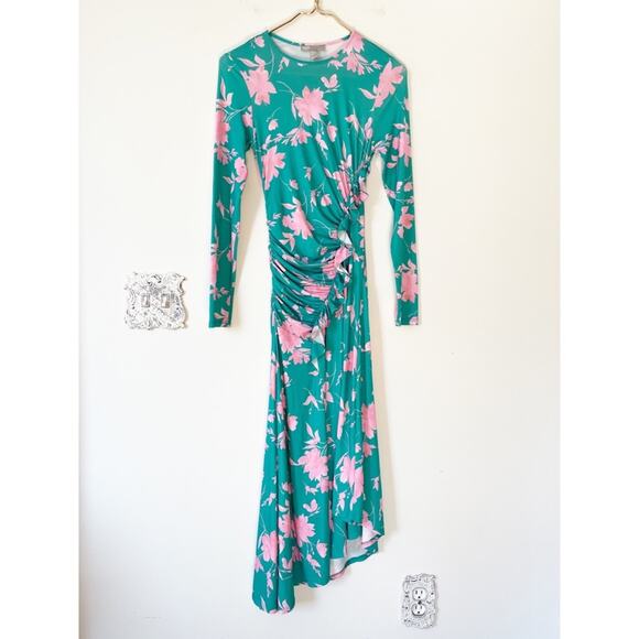 ASOS Turquoise Green and Pink Floral Ruched Ruffle Midi Dress 4 - Picture 4 of 8